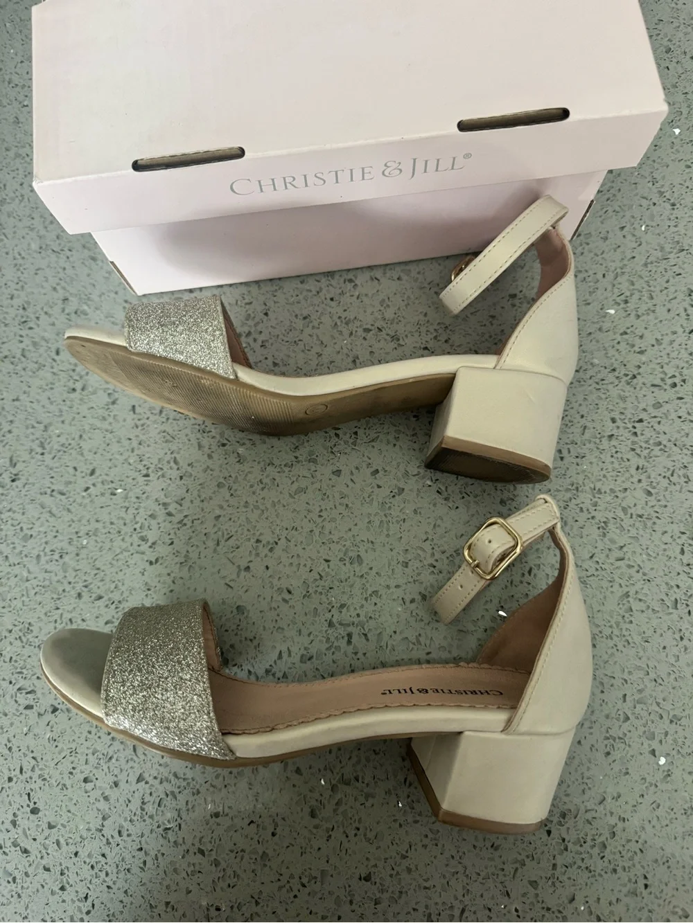 Girls Ivory Dress Sandals with Gold Glitter Strap